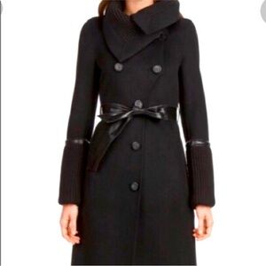 Mackage Black Wool Blend Mid-Length Jacket Leather Detail Womens XS Belted Chic